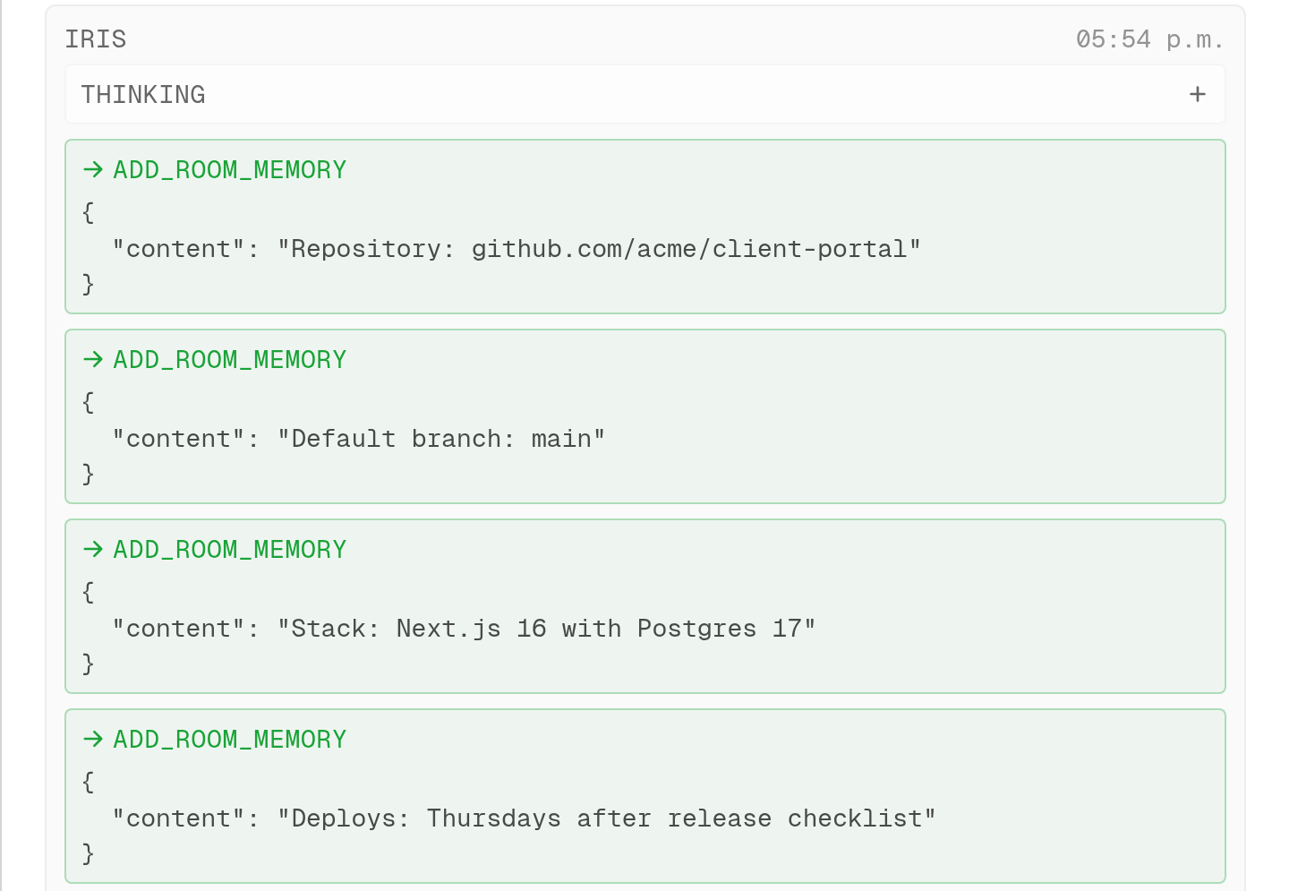 the memory tab in room settings with the shared room memory list above one agent's private entry